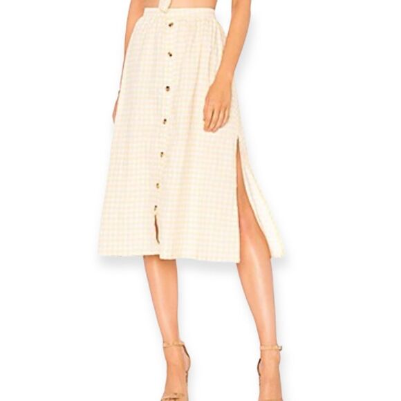 Faithfull the Brand White Yellow Checkered Linen Split Hem Summer Midi Skirt NEW - Picture 1 of 4